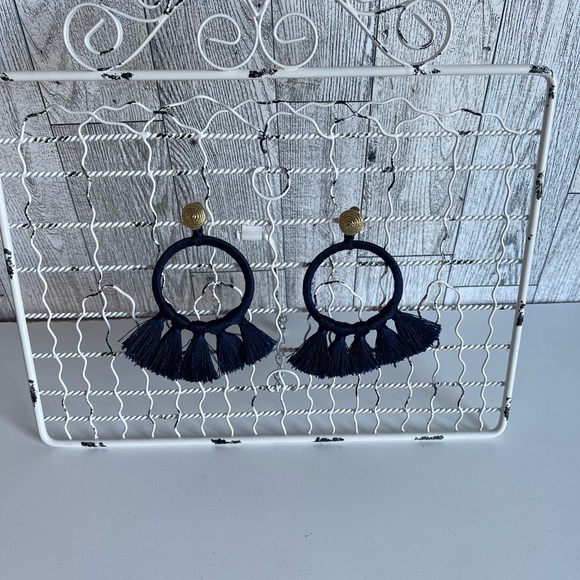 Navy Blue Fringe Wrapped Drop Earrings with Gold Post - Picture 3 of 5